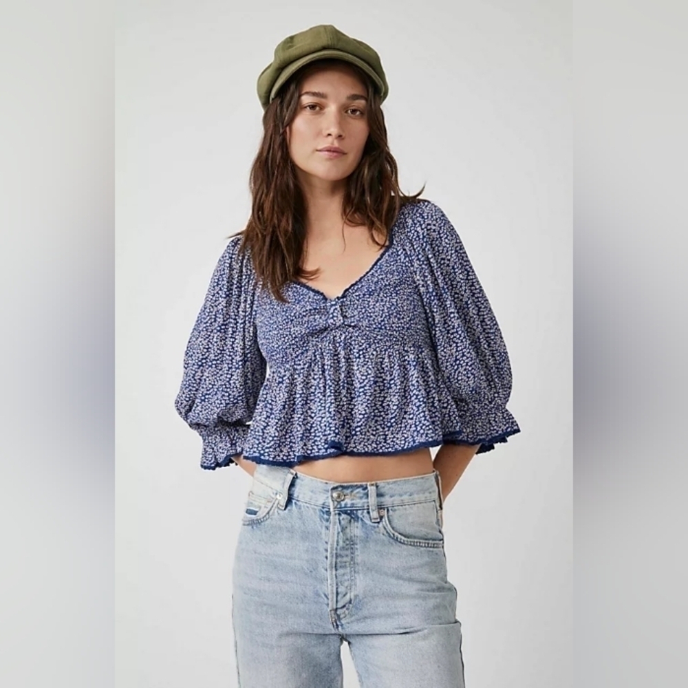 Free people Brittnee Print Smocked Back Peplum Top sz S